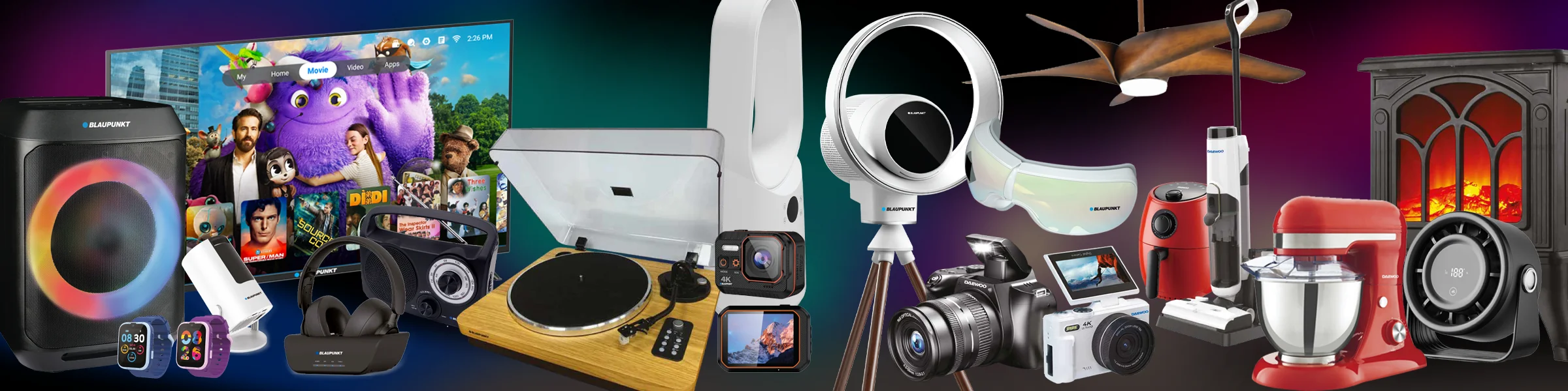 Collage of official licensed products: Blaupunkt and Daewoo home appliances and electronics