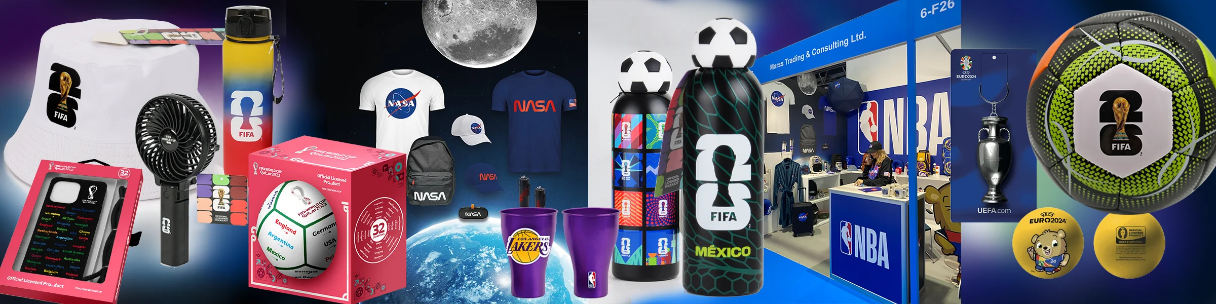 Collage of official licensed products: FIFA, NASA, NBA and UEFA Euro 2024